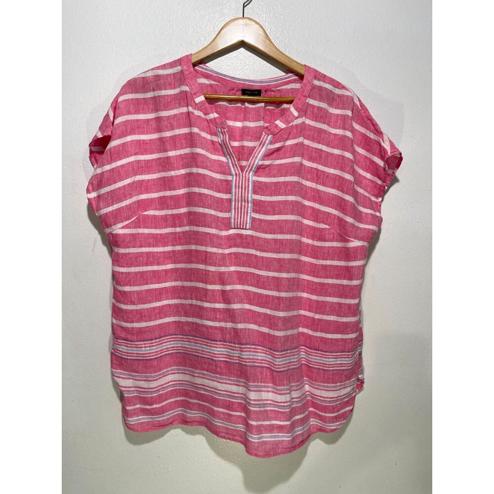 Talbots linen blouse cropped top lagenlook summer pink stripes women L